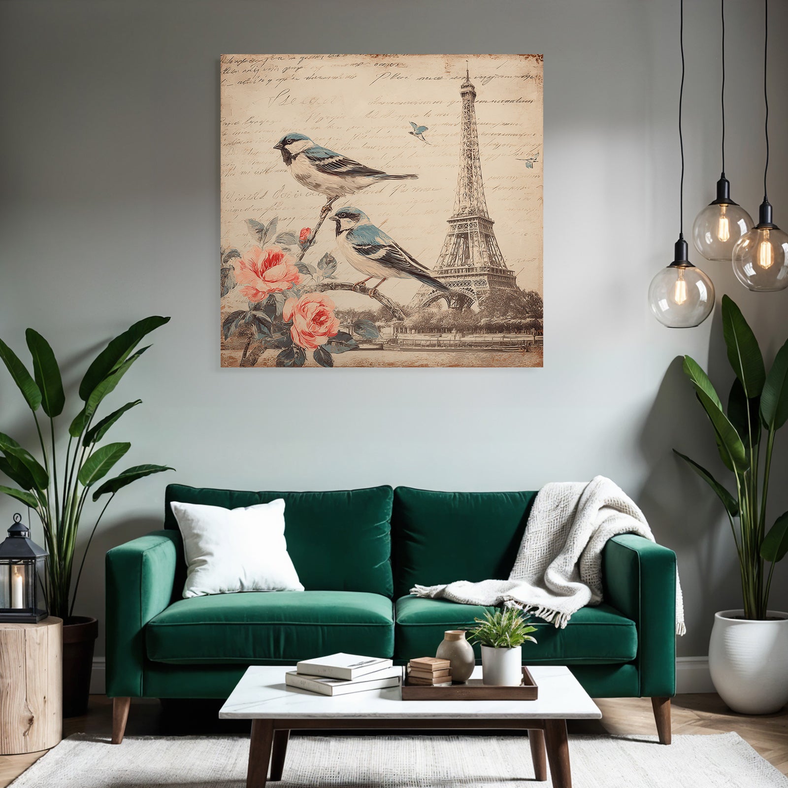 Vintage and shabby birds on branch with flowers Eiffel Tower handwritten text