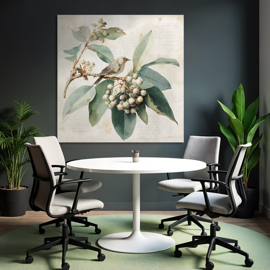 Vintage Und Shabby Vogel Auf Einem Ast Mit Blaettern Und Beeren