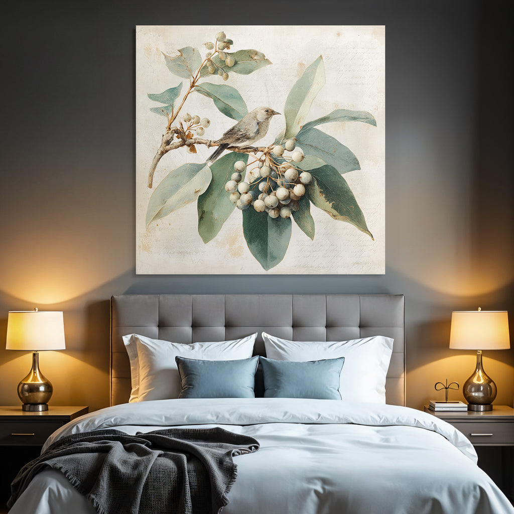 Vintage Und Shabby Vogel Auf Einem Ast Mit Blaettern Und Beeren