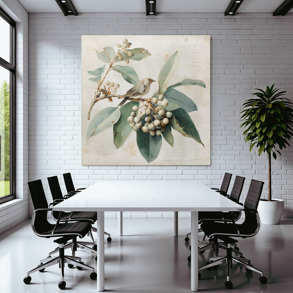 Vintage Und Shabby Vogel Auf Einem Ast Mit Blaettern Und Beeren