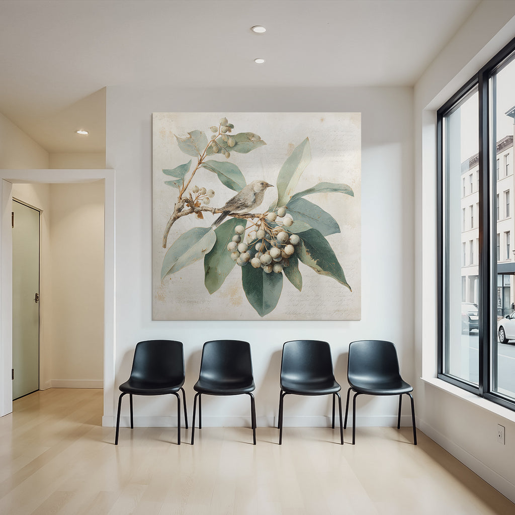 Vintage Und Shabby Vogel Auf Einem Ast Mit Blaettern Und Beeren