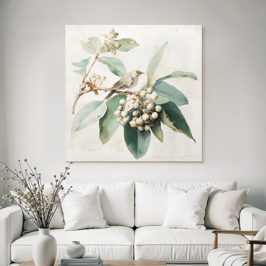 Vintage Und Shabby Vogel Auf Einem Ast Mit Blaettern Und Beeren