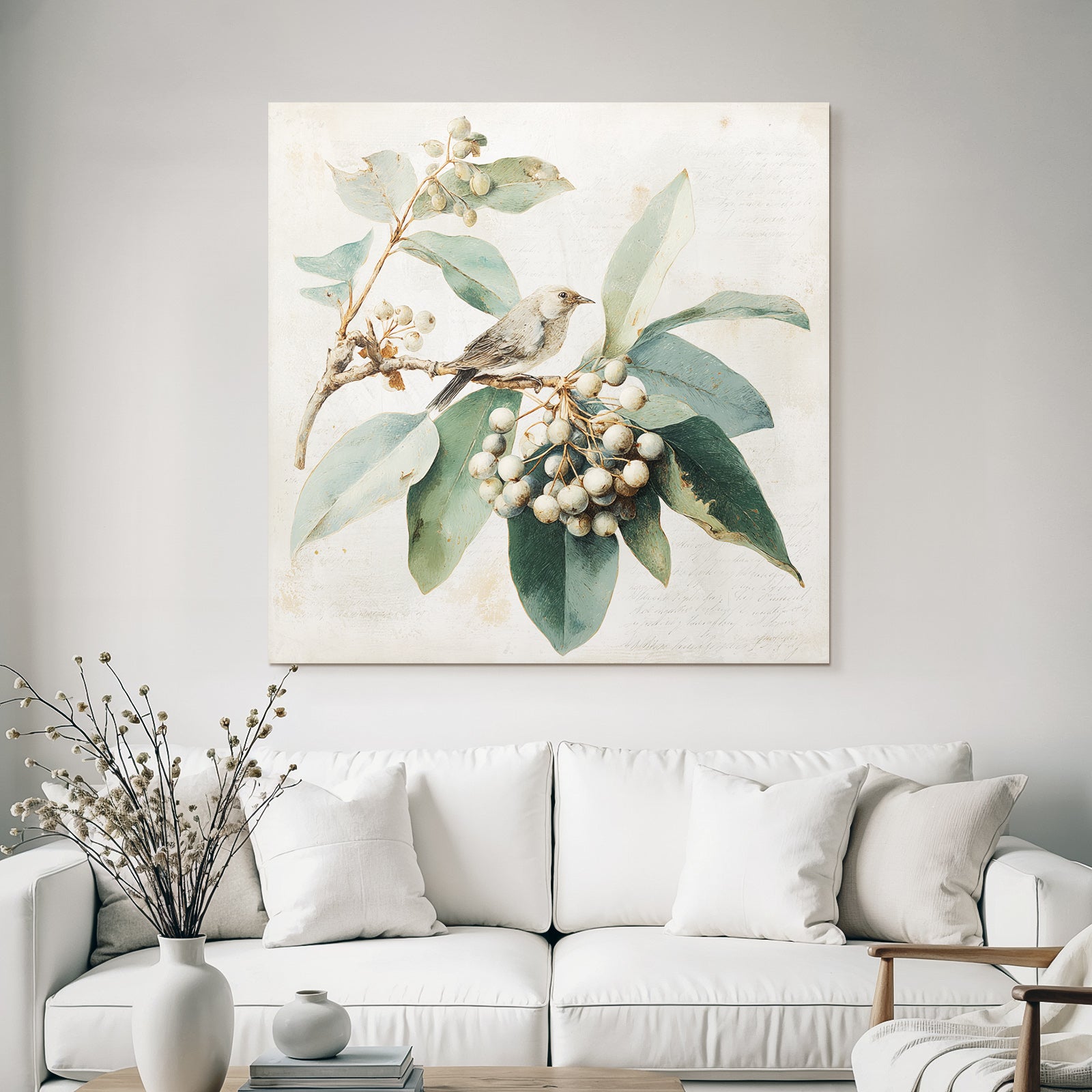 Vintage and shabby bird on a branch with leaves and berries