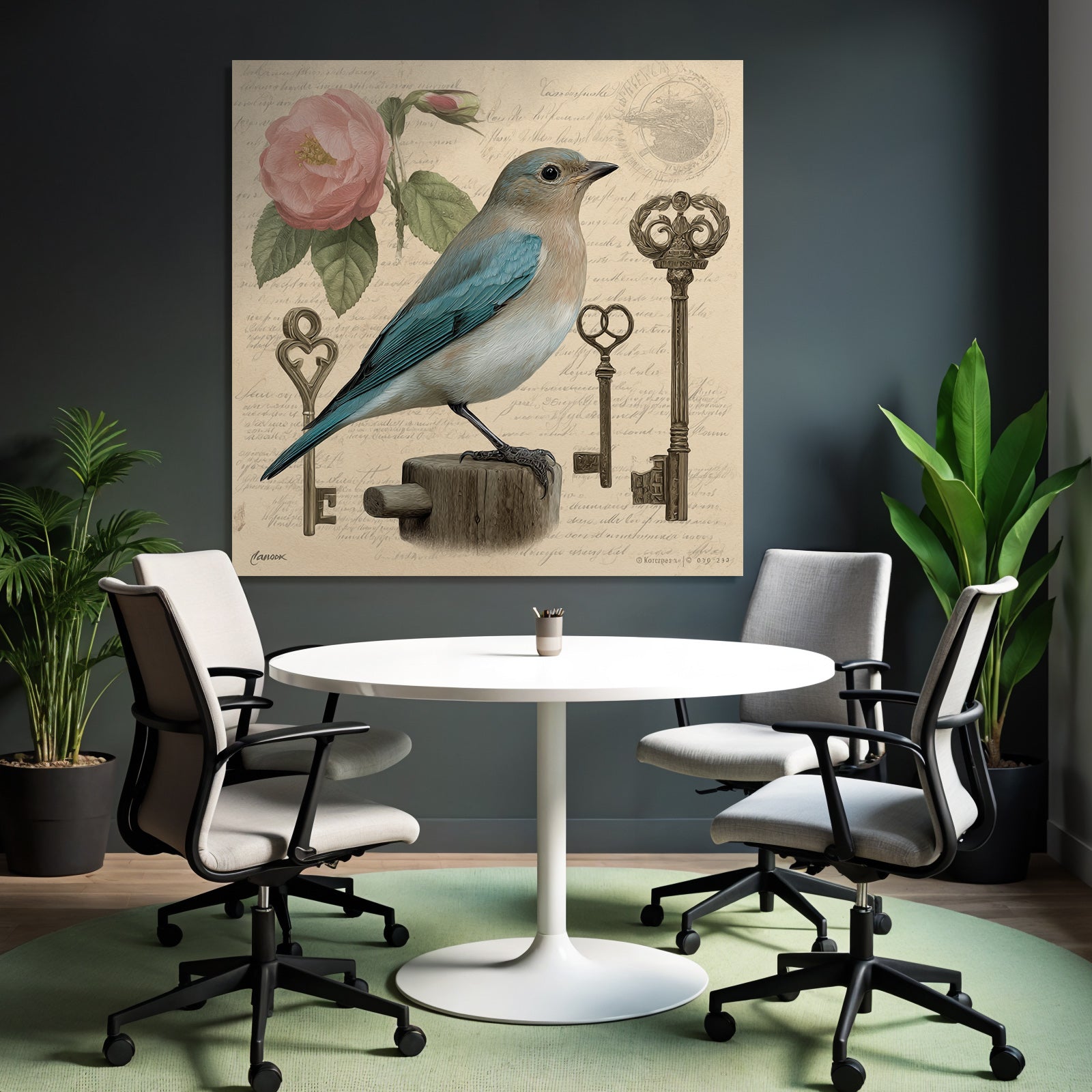 Vintage and shabby bird and flower with keys