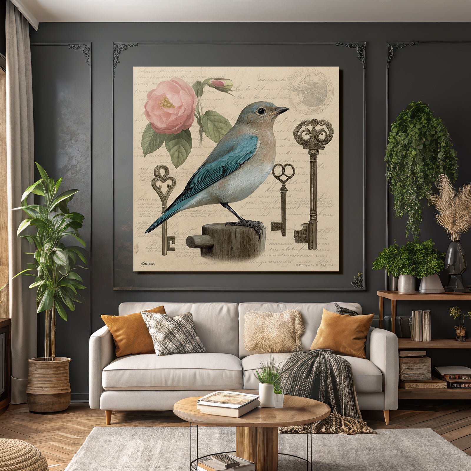 Vintage and shabby bird and flower with keys