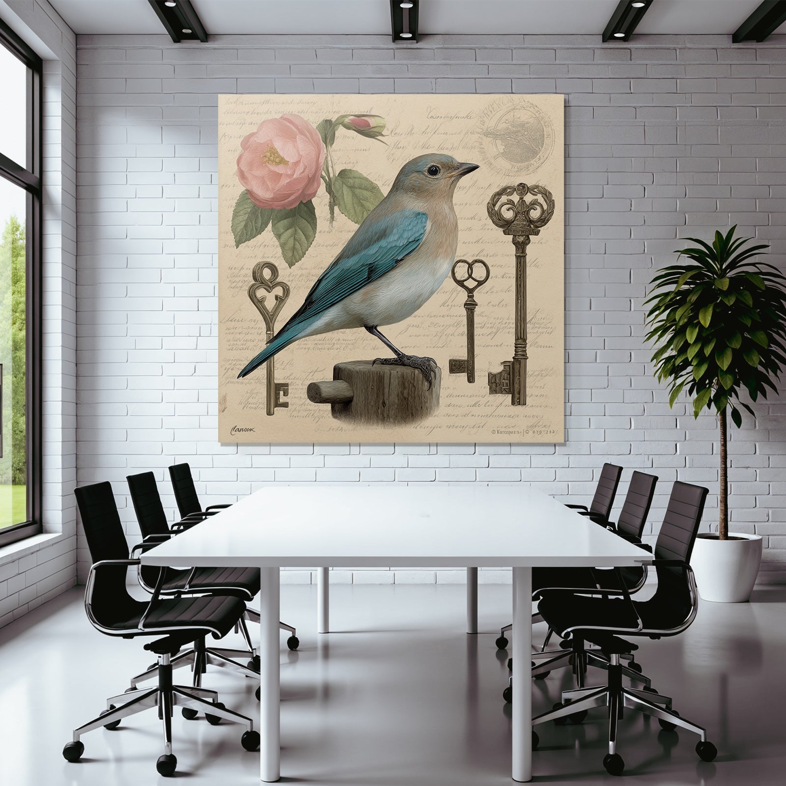 Vintage and shabby bird and flower with keys