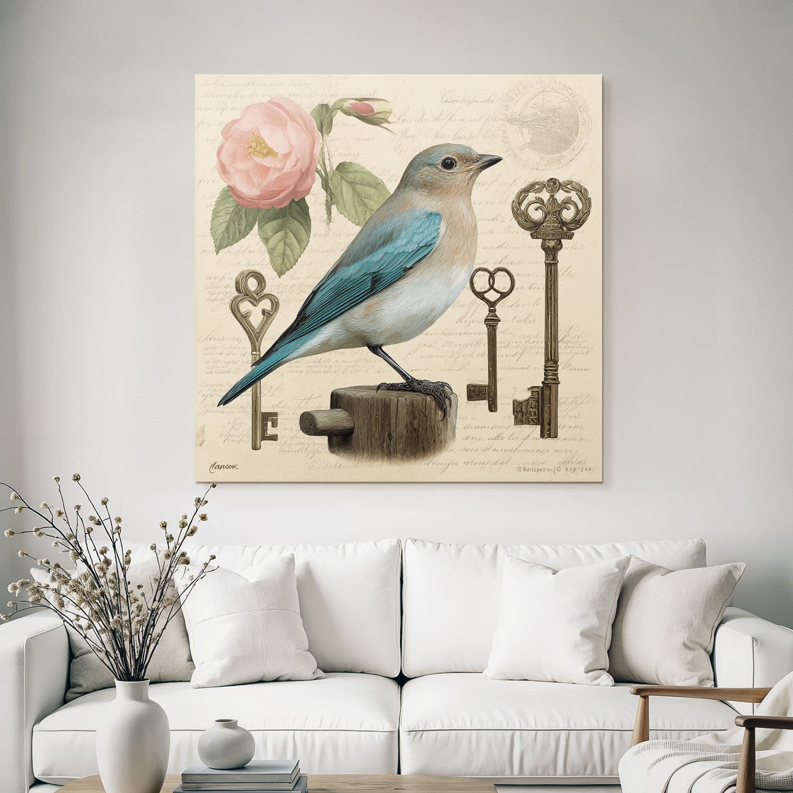 Vintage and shabby bird and flower with keys