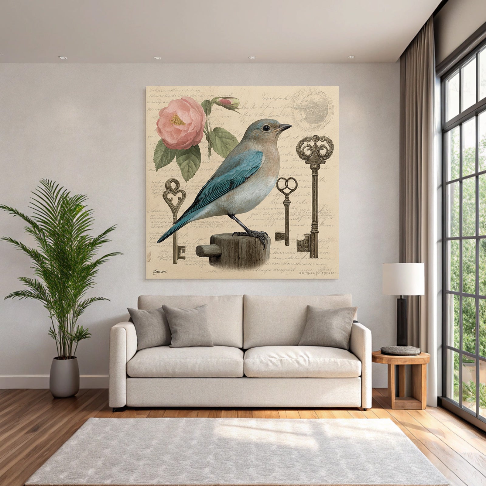 Vintage and shabby bird and flower with keys