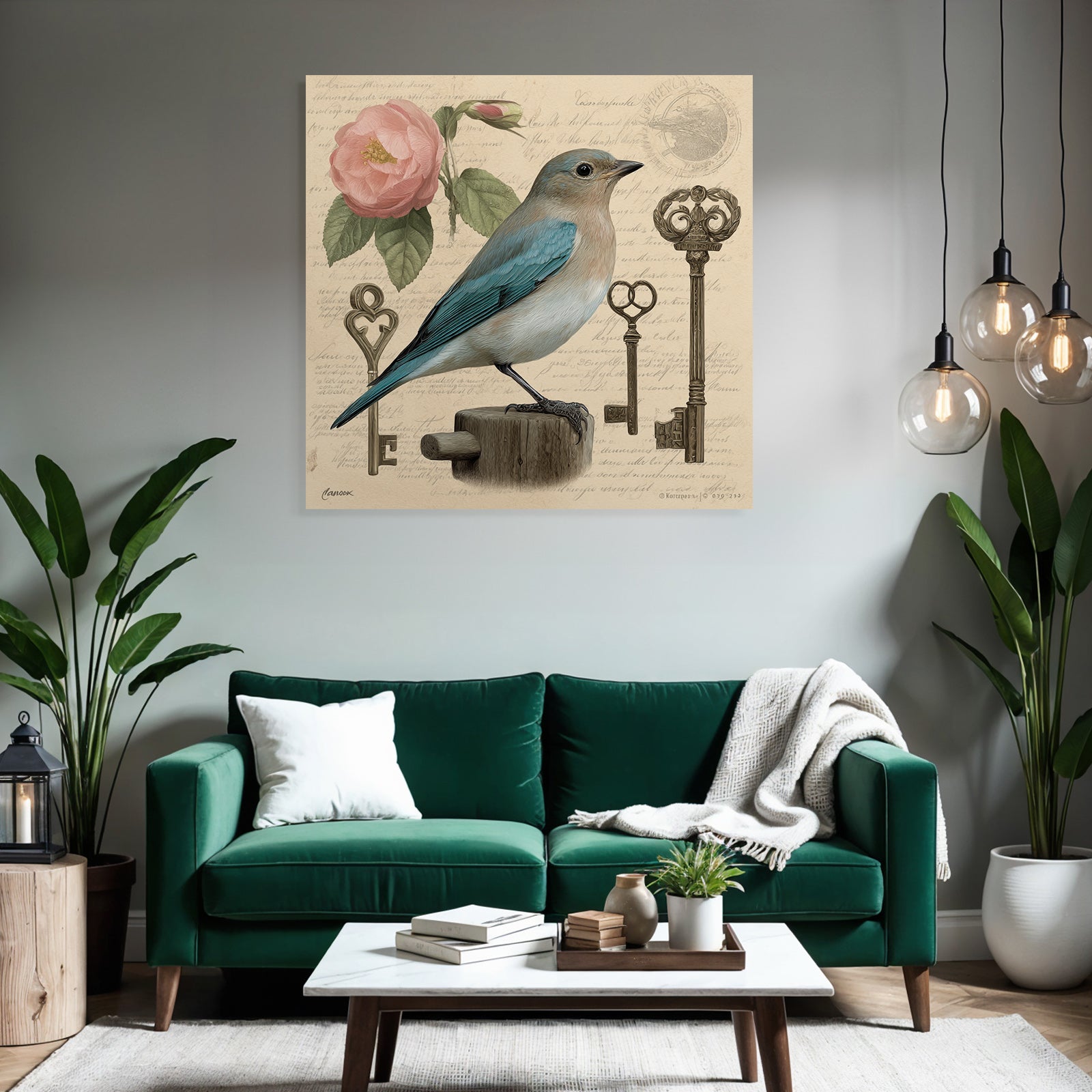 Vintage and shabby bird and flower with keys