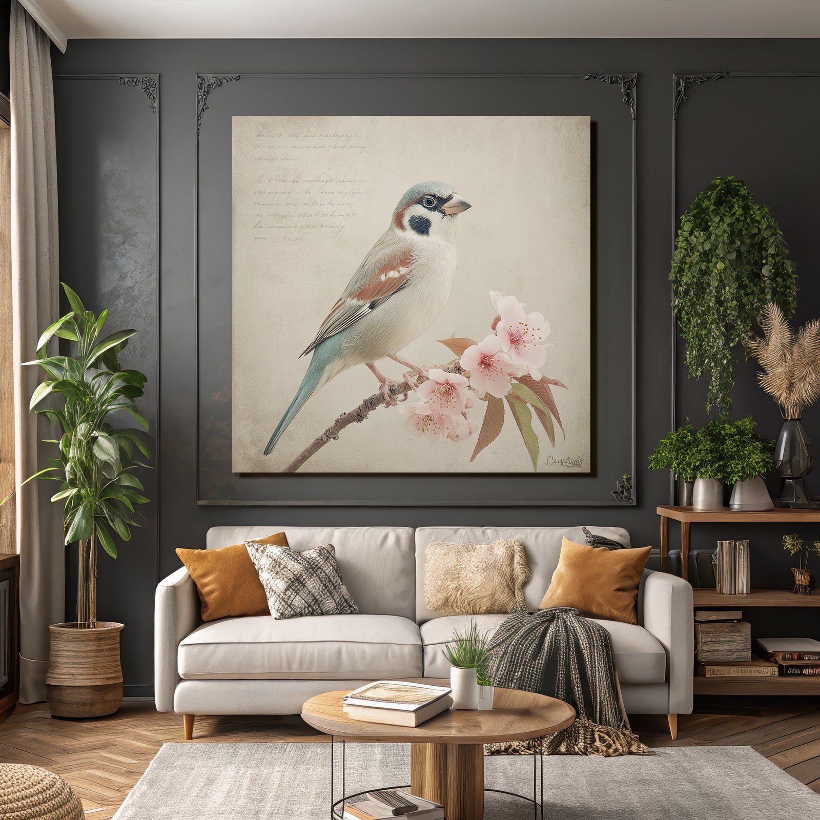 Vintage and shabby bird's-eye view with floral background