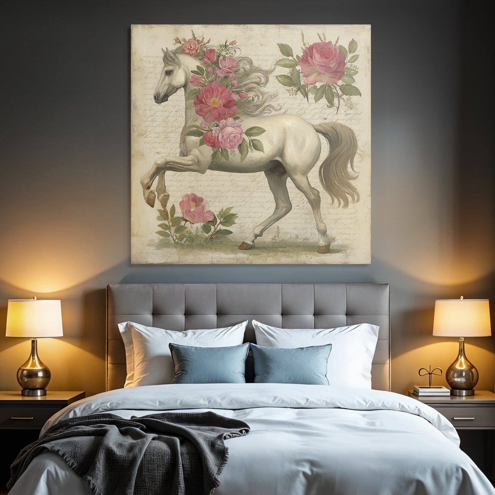 Vintage and Shabby White Horse Floral Background