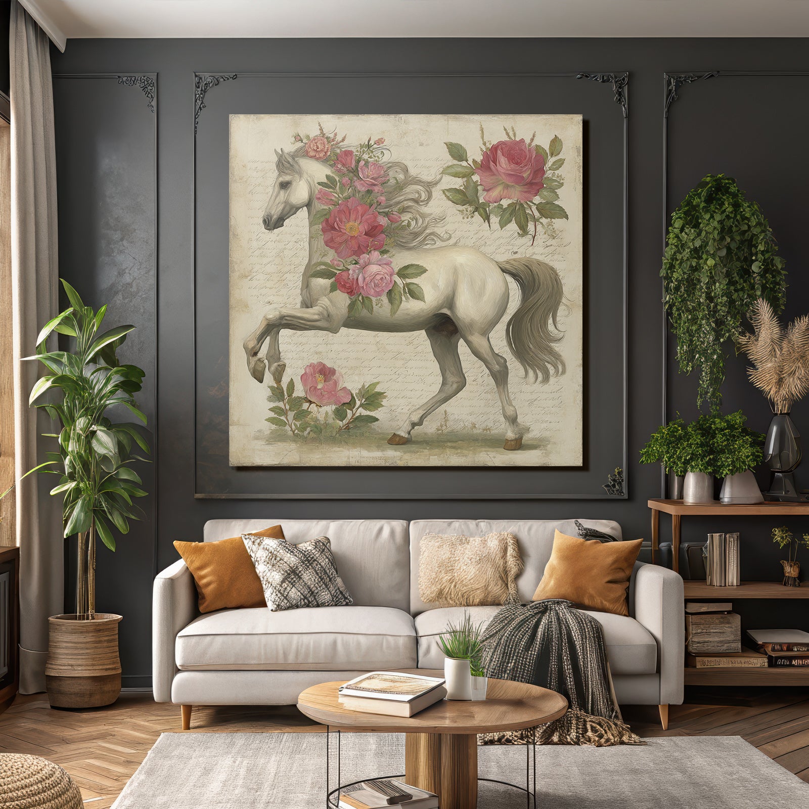 Vintage and Shabby White Horse Floral Background