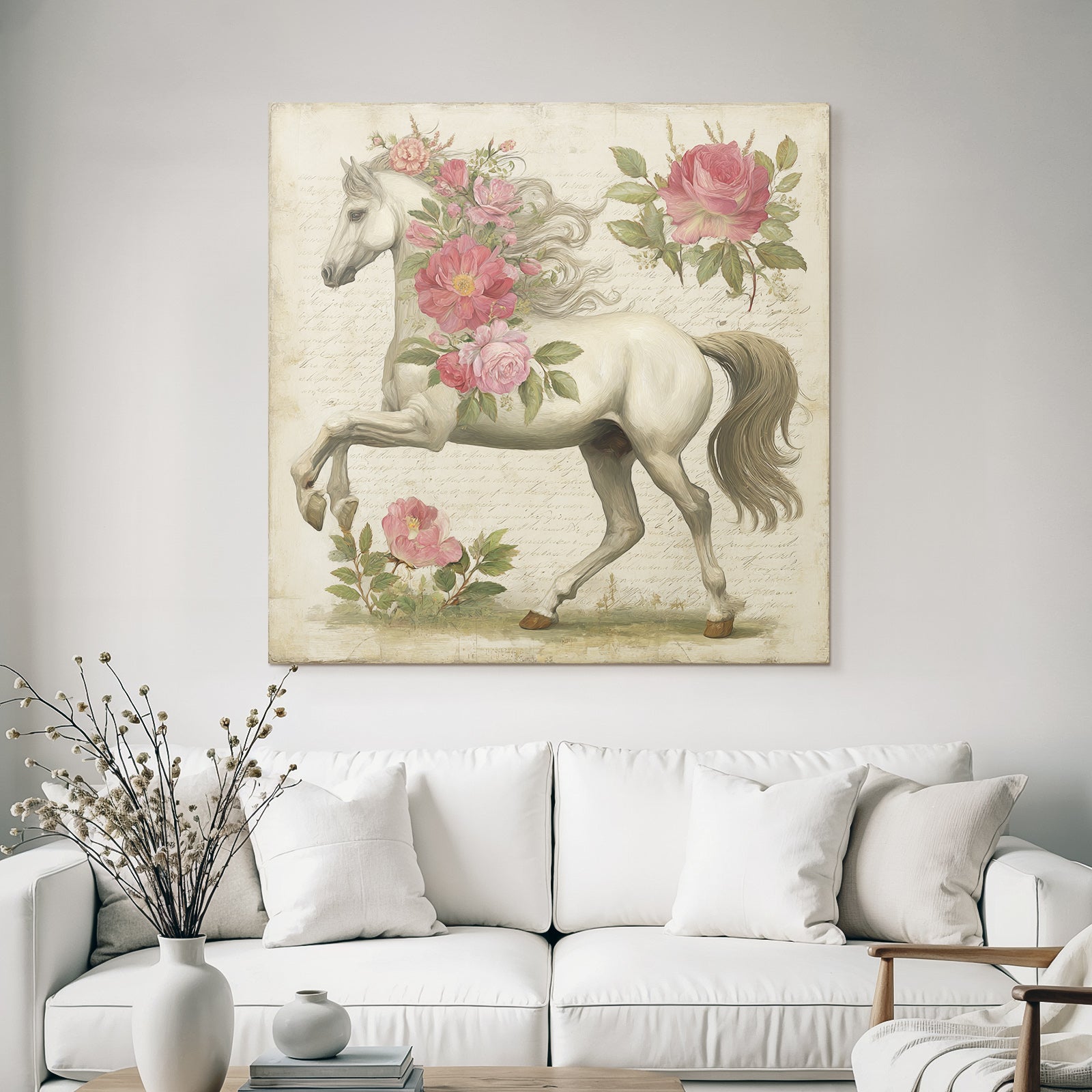 Vintage and Shabby White Horse Floral Background