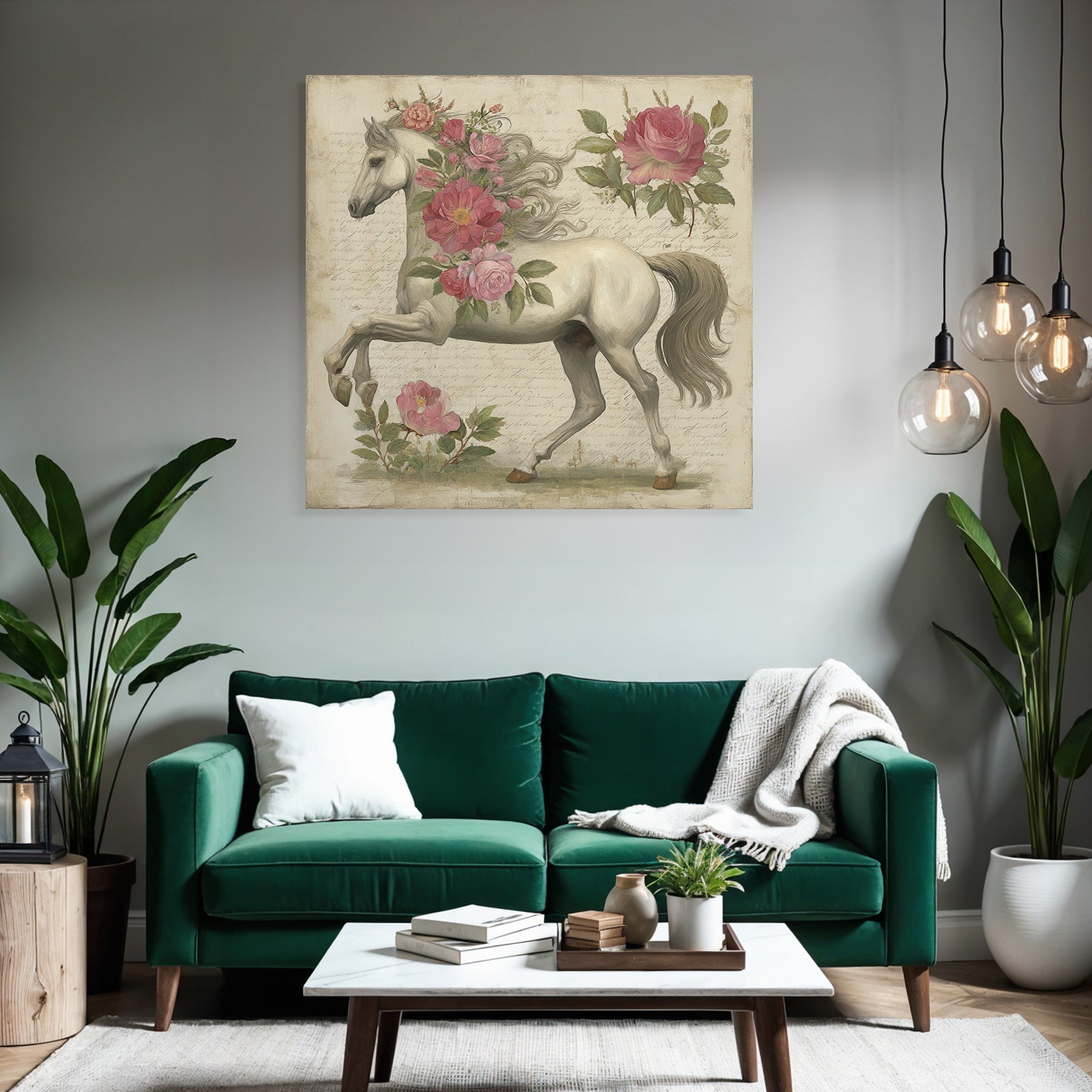 Vintage and Shabby White Horse Floral Background