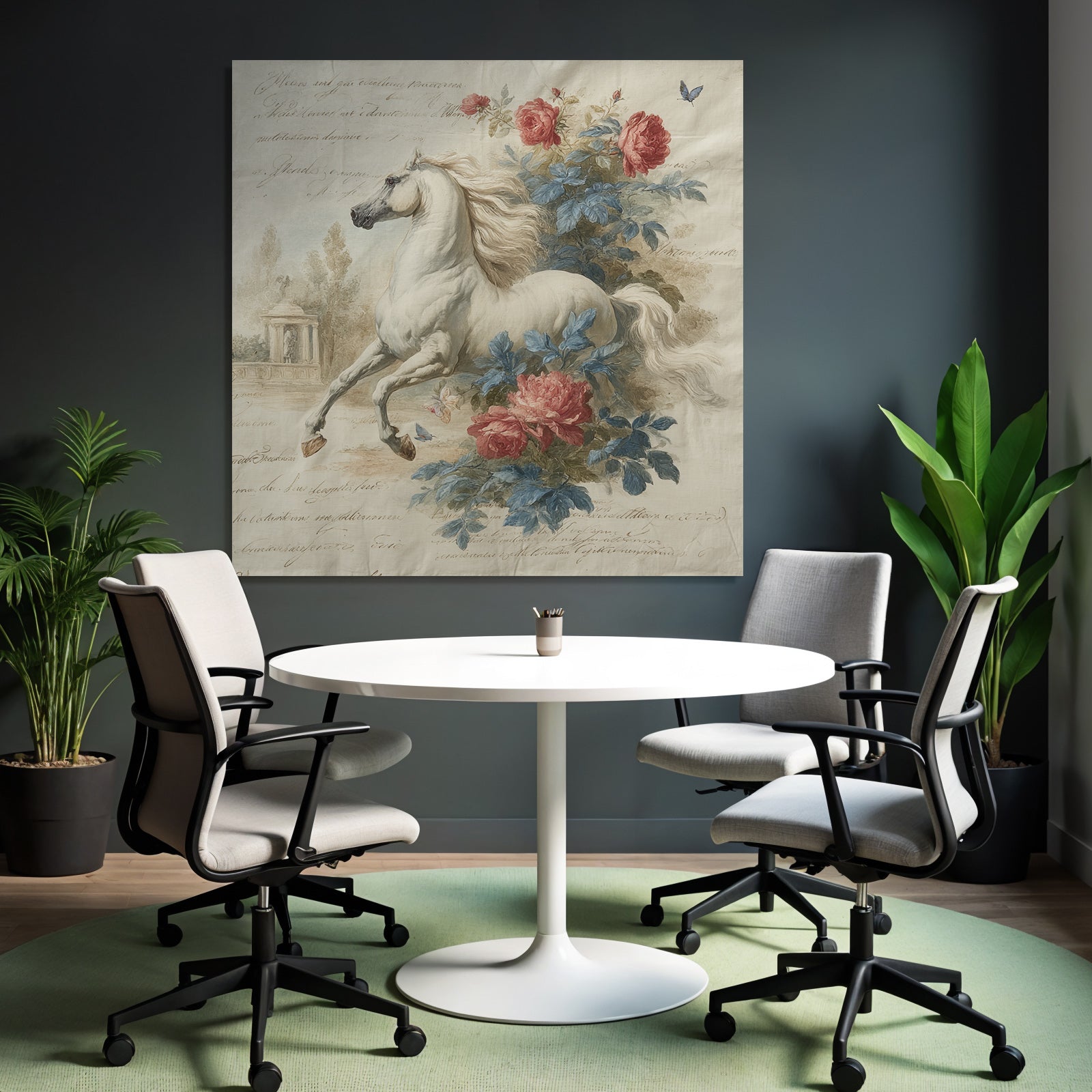 Vintage and shabby white horse with flowers and calm background