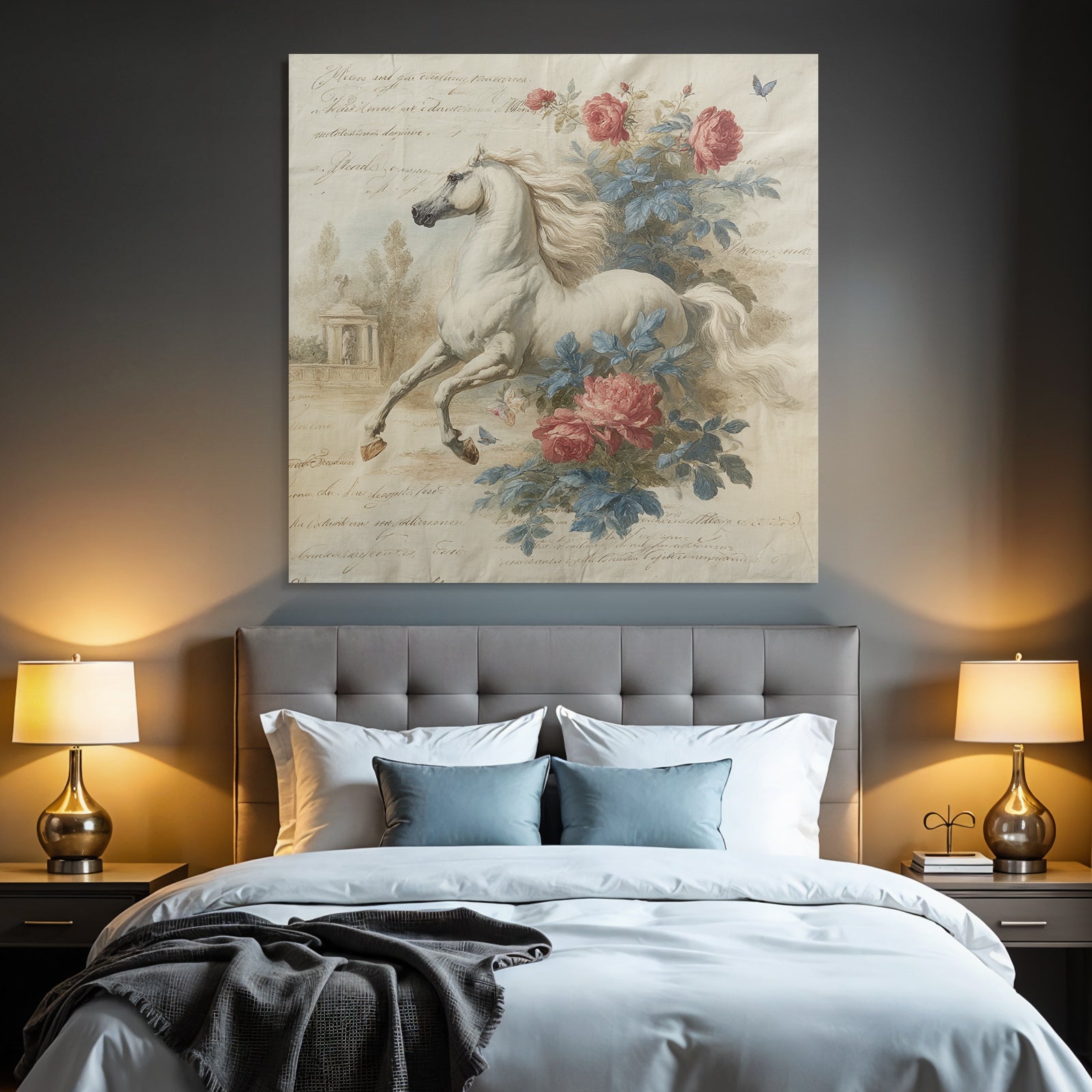 Vintage and shabby white horse with flowers and calm background