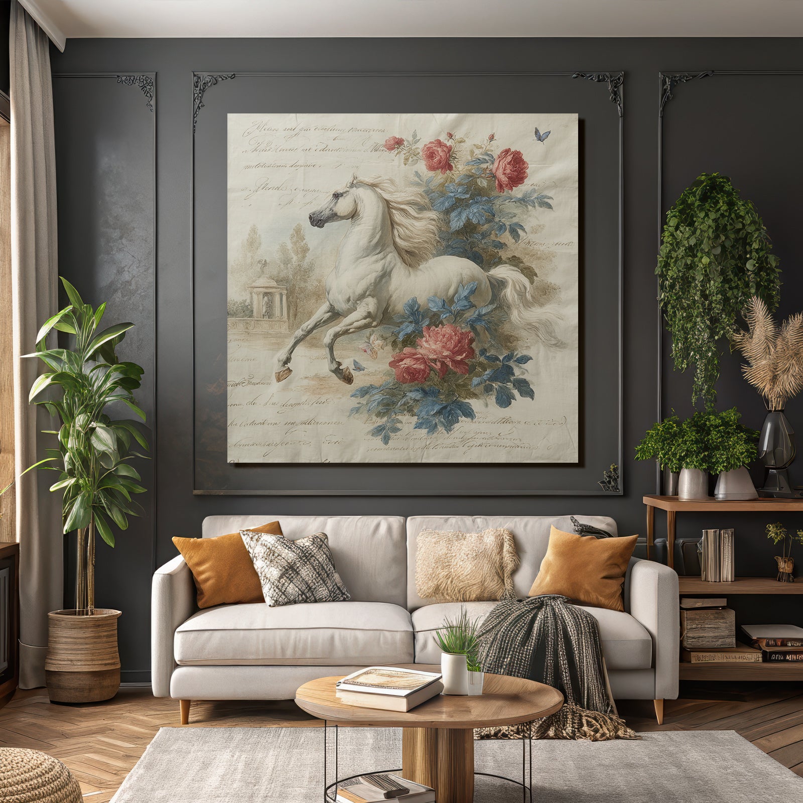 Vintage and shabby white horse with flowers and calm background