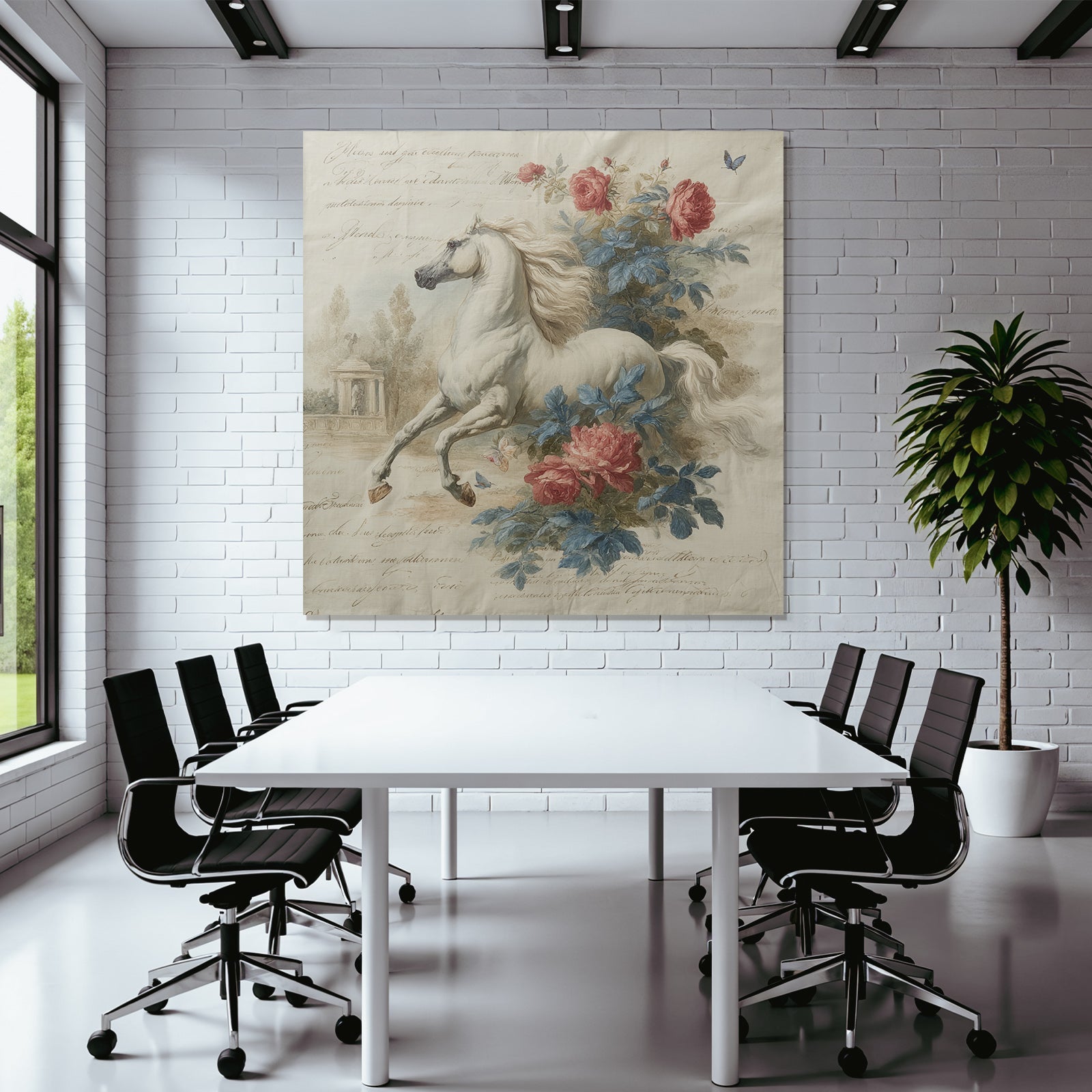 Vintage and shabby white horse with flowers and calm background