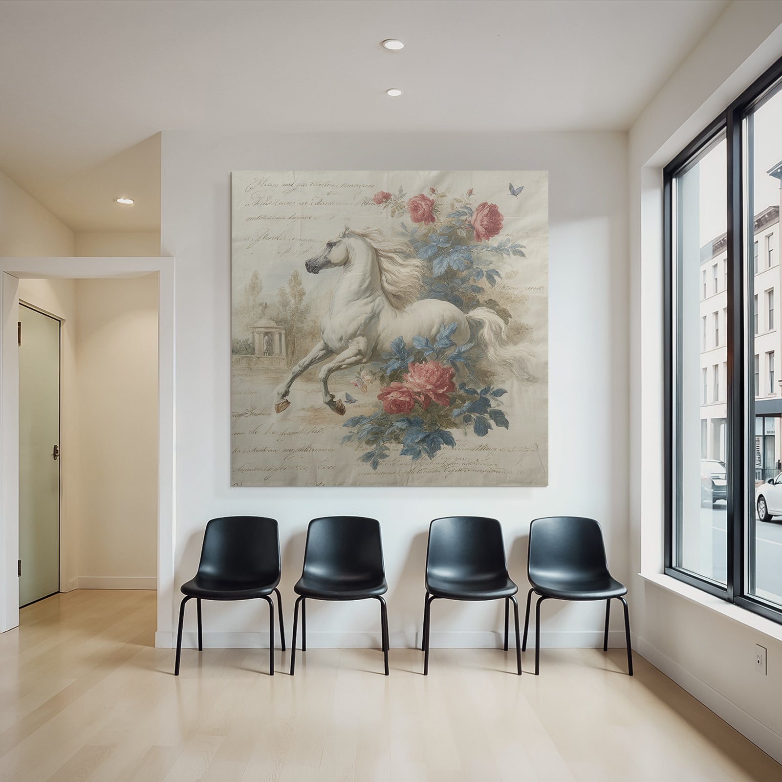 Vintage and shabby white horse with flowers and calm background
