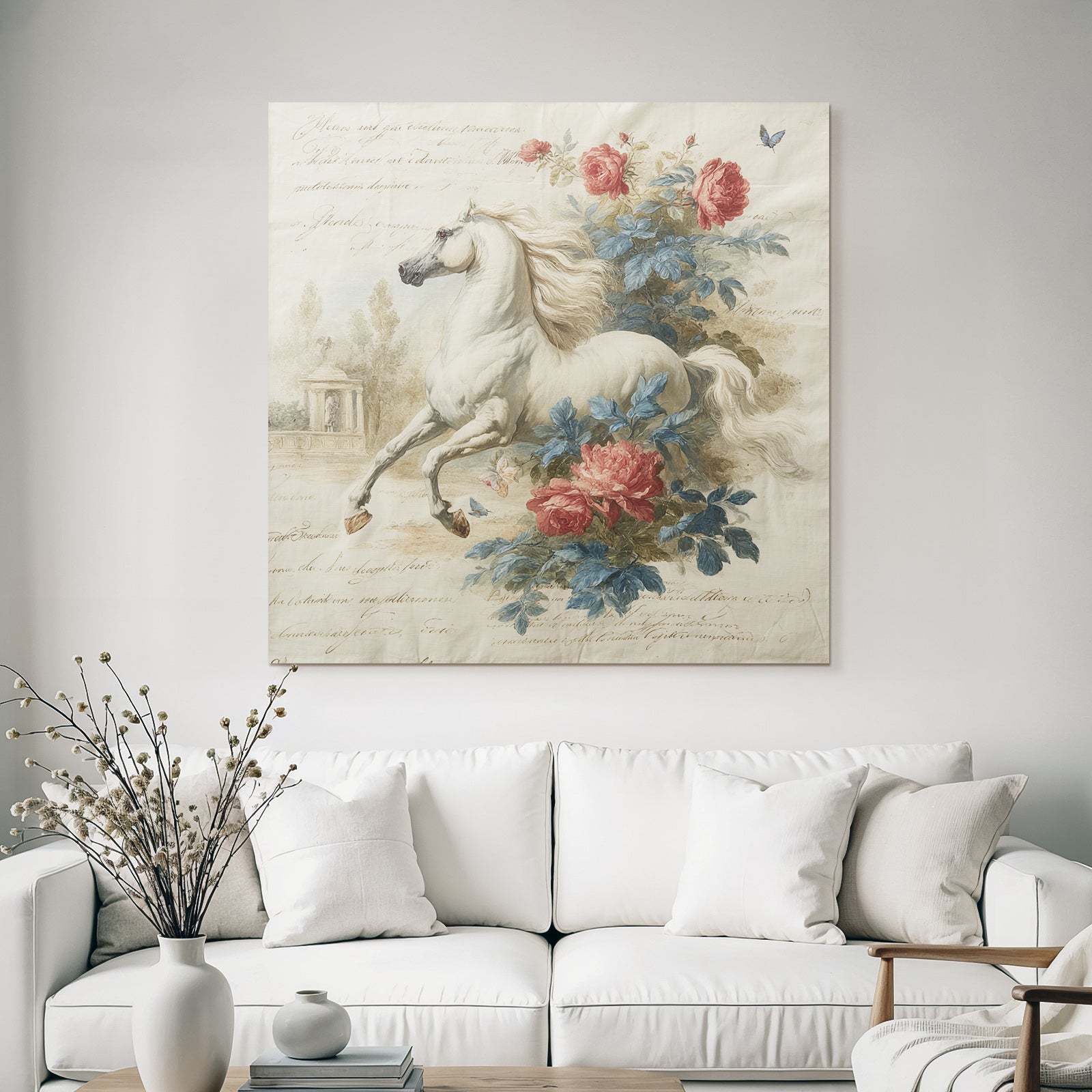 Vintage and shabby white horse with flowers and calm background
