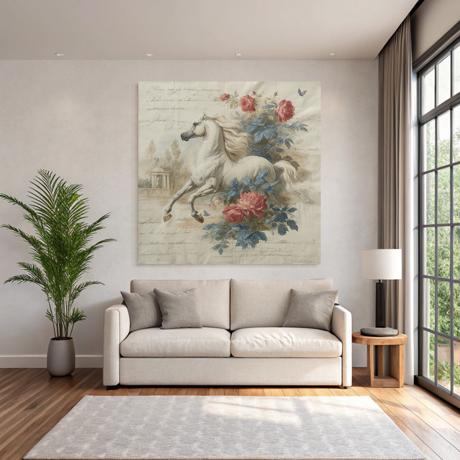 Vintage and shabby white horse with flowers and calm background