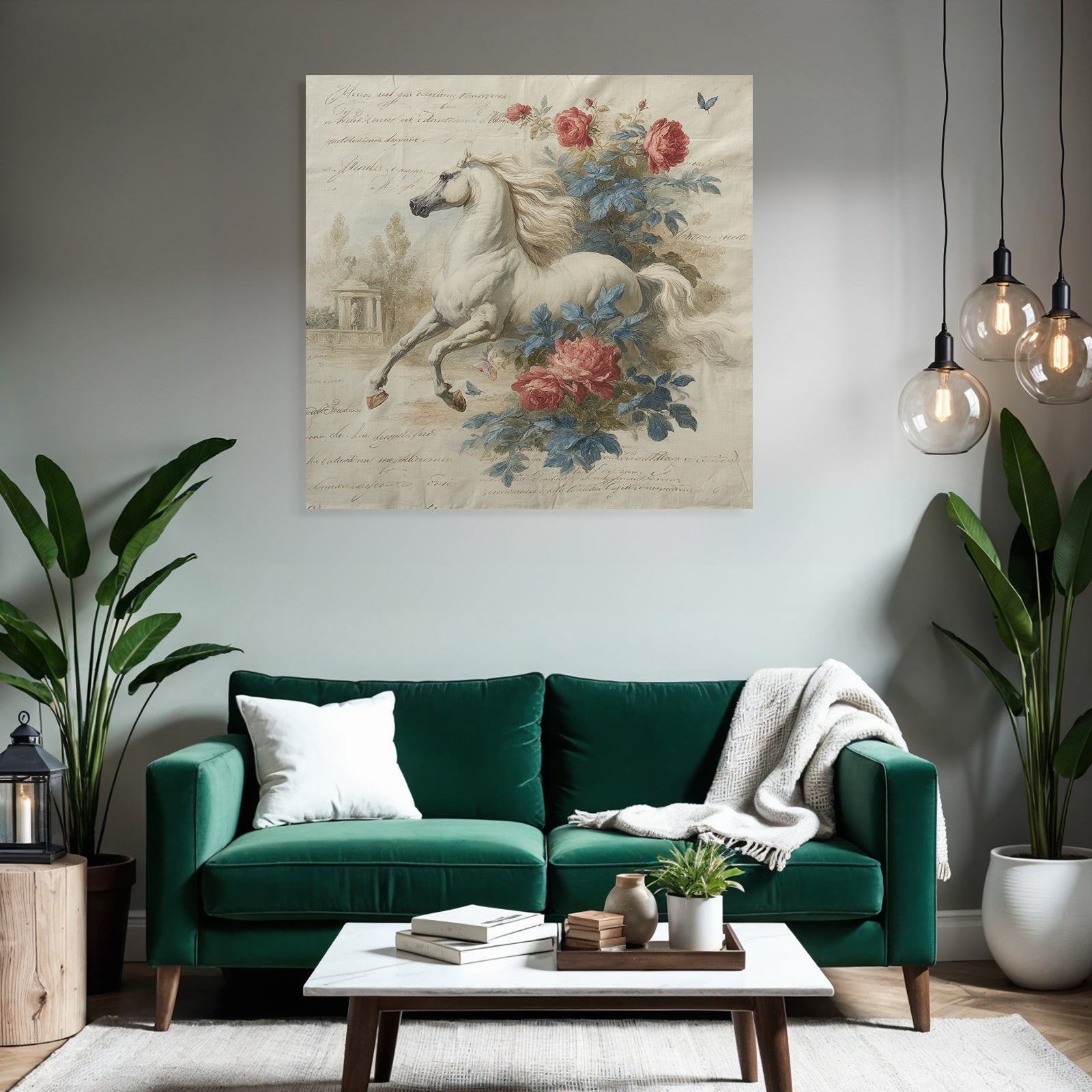 Vintage and shabby white horse with flowers and calm background