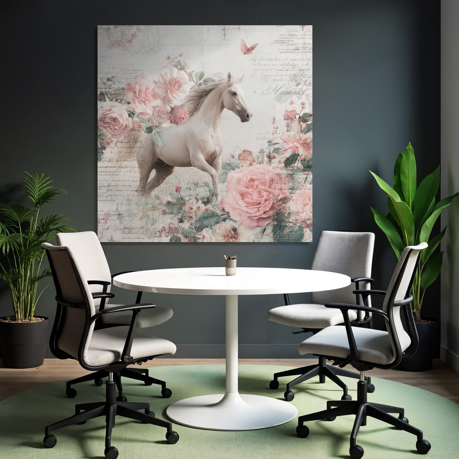 Vintage and shabby white horse vintage flowers background