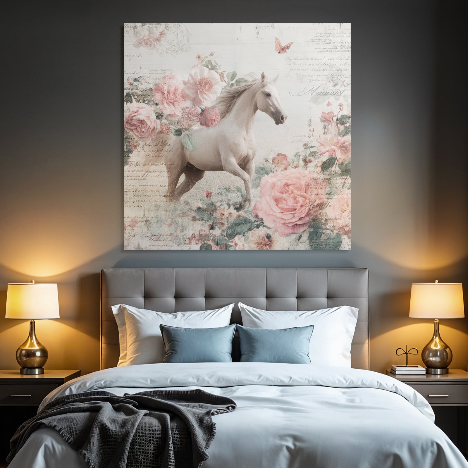 Vintage and shabby white horse vintage flowers background