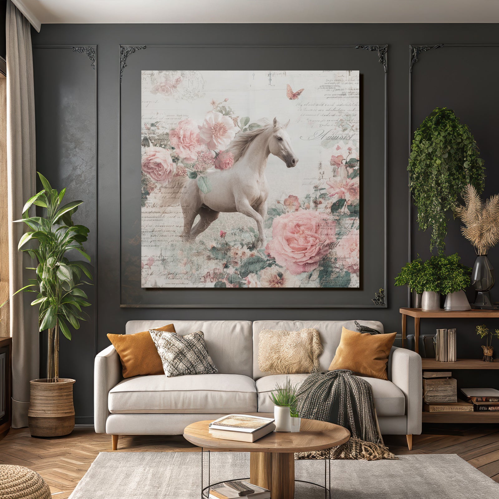 Vintage and shabby white horse vintage flowers background