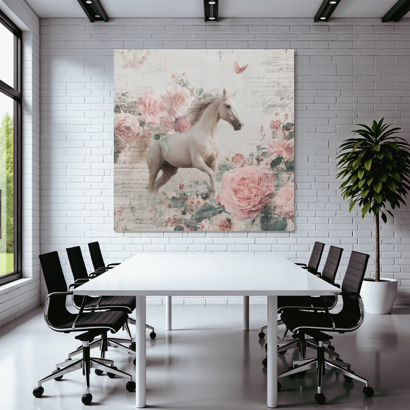 Vintage and shabby white horse vintage flowers background