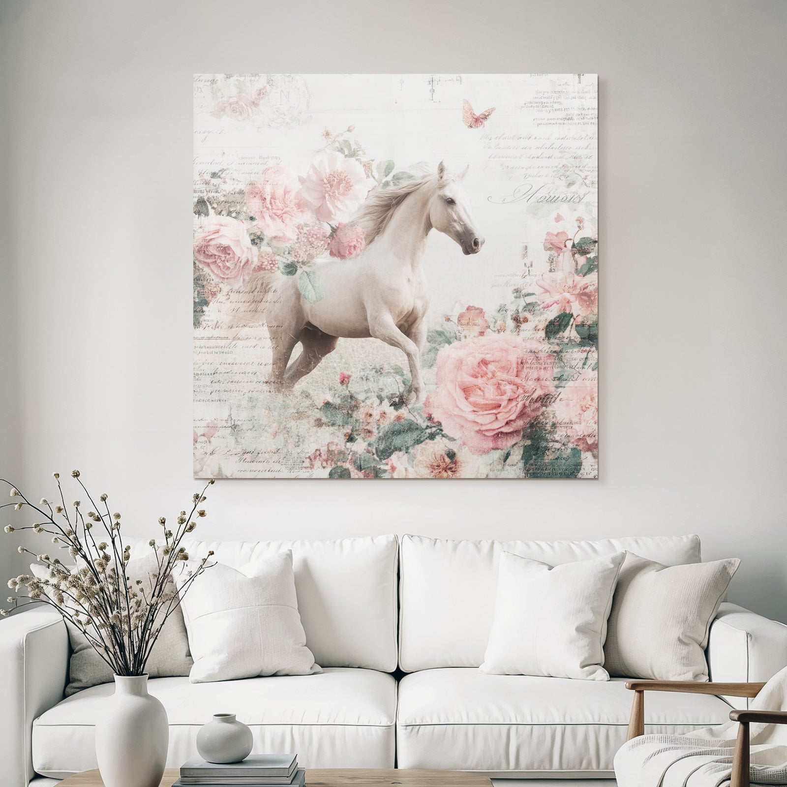 Vintage and shabby white horse vintage flowers background