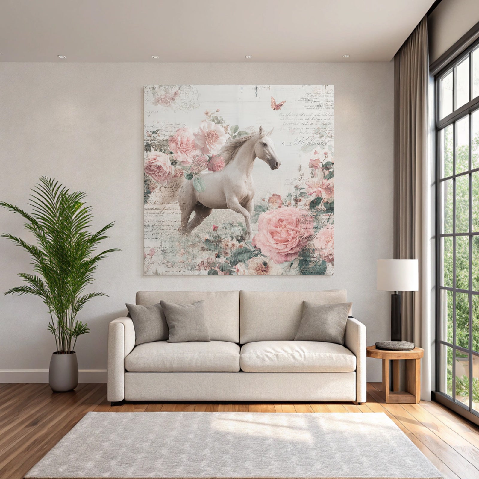 Vintage and shabby white horse vintage flowers background