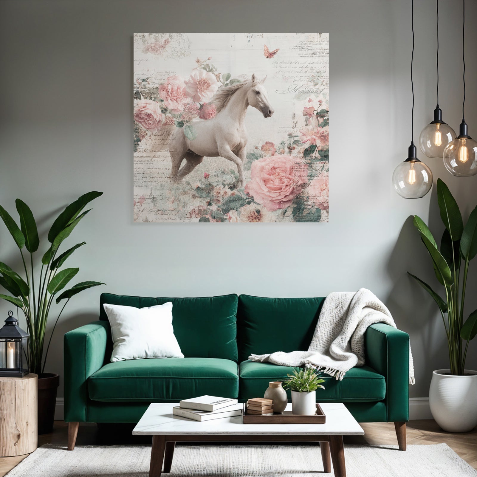 Vintage and shabby white horse vintage flowers background