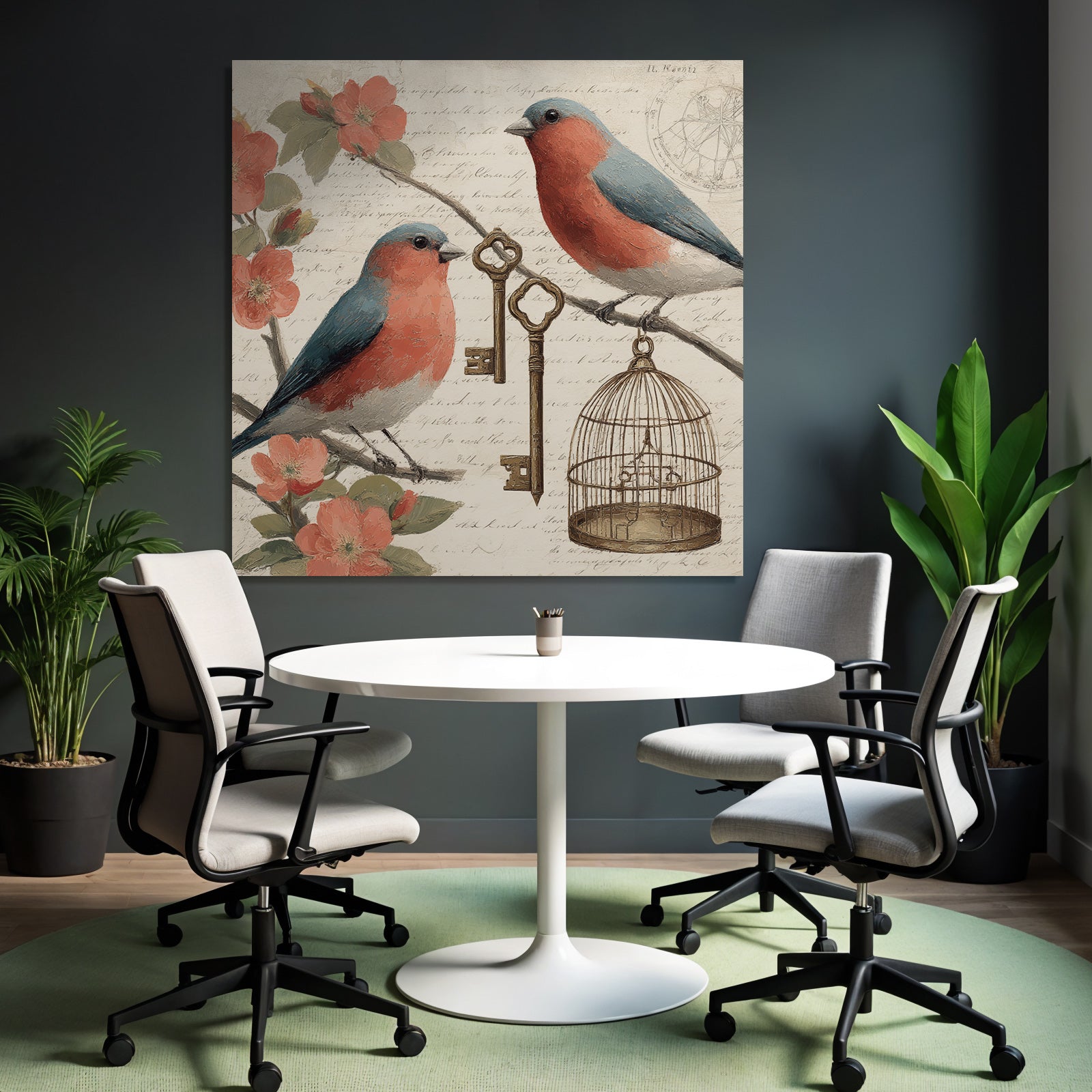 Vintage and shabby two birds on branches with flowers key