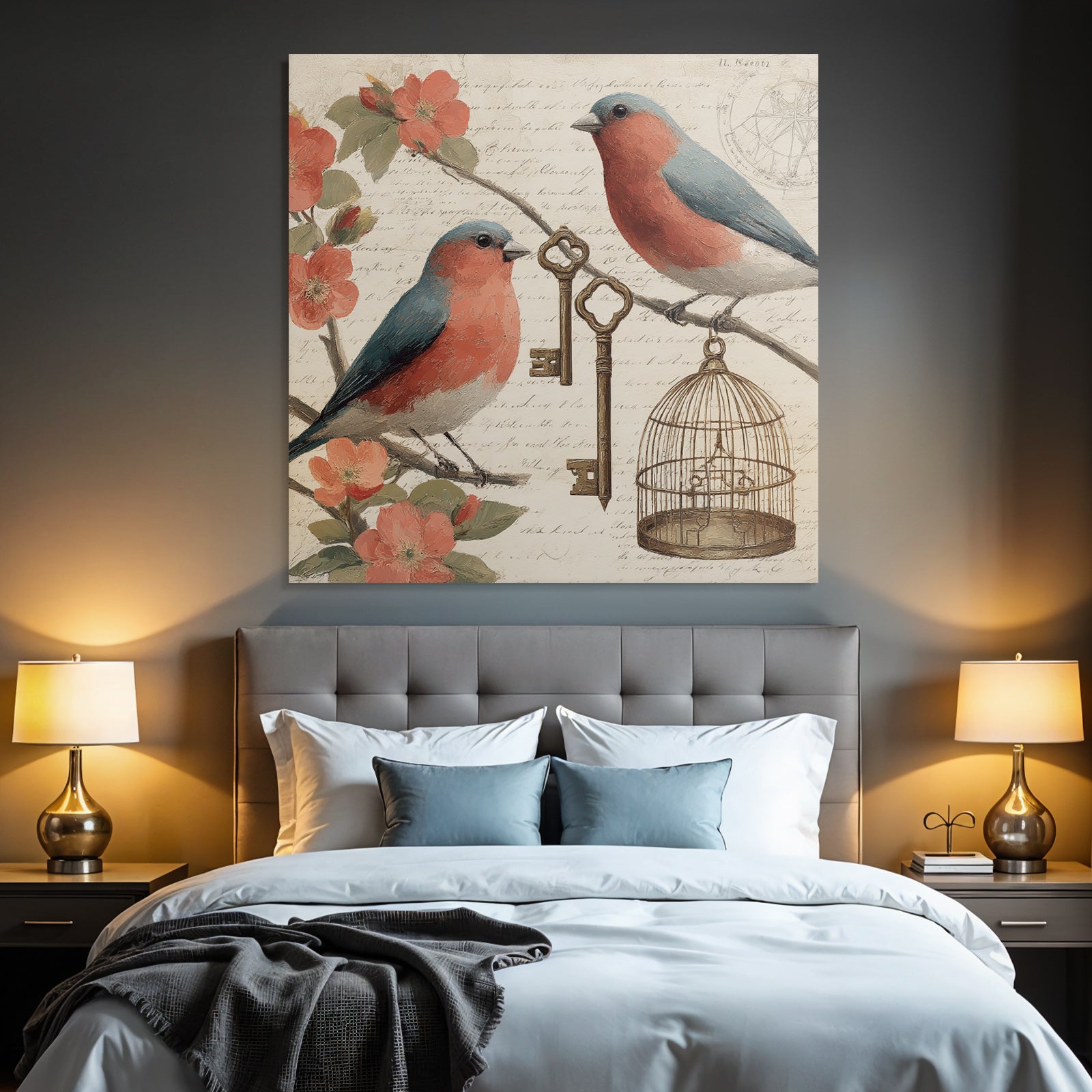 Vintage and shabby two birds on branches with flowers key