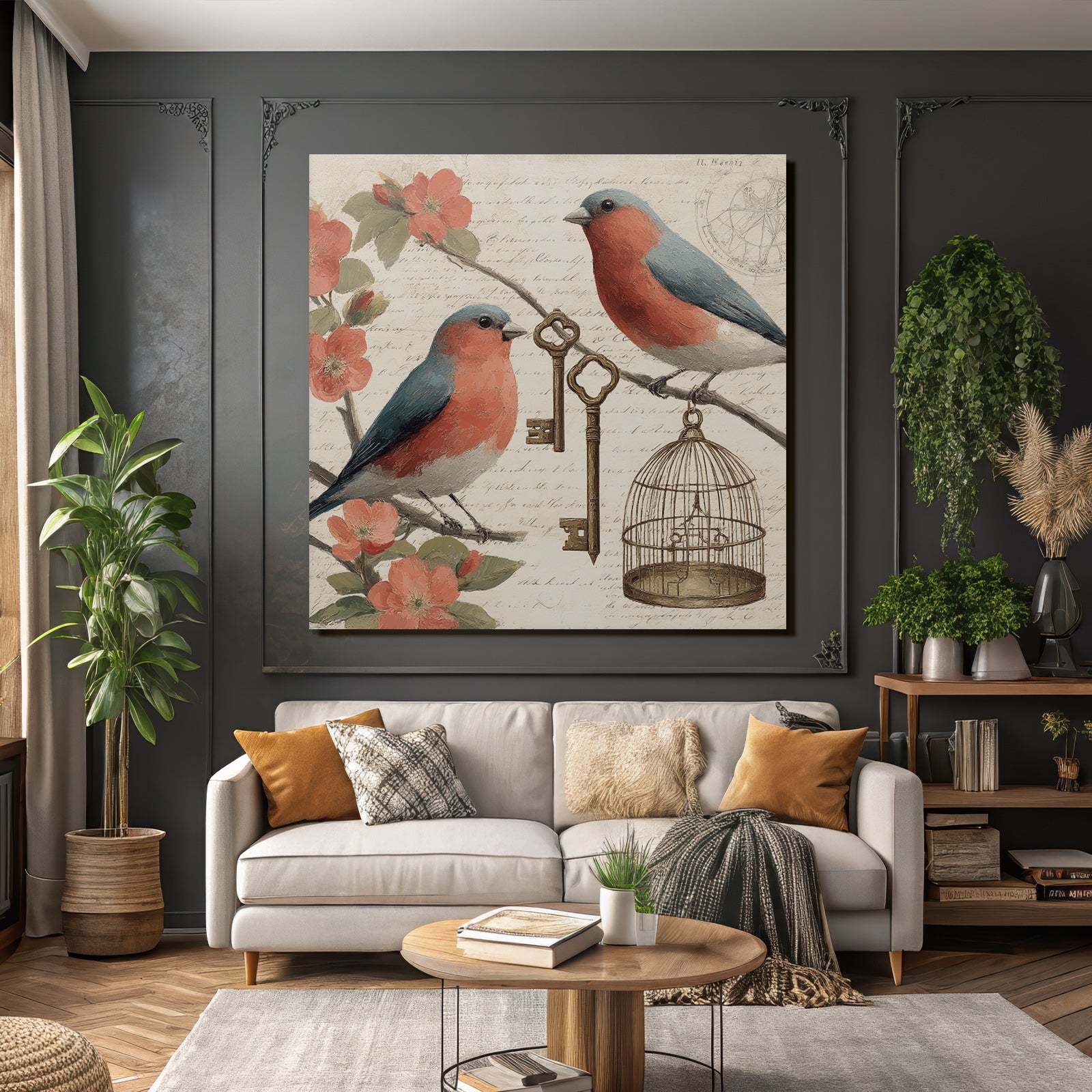 Vintage and shabby two birds on branches with flowers key