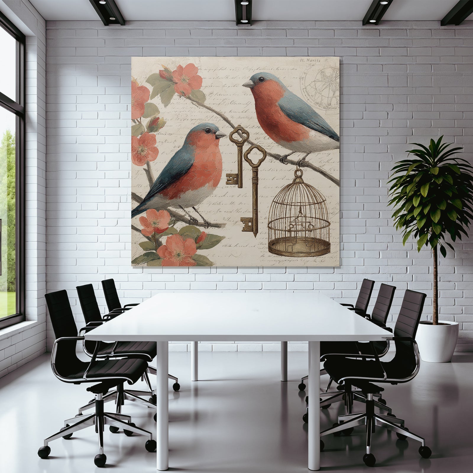 Vintage and shabby two birds on branches with flowers key