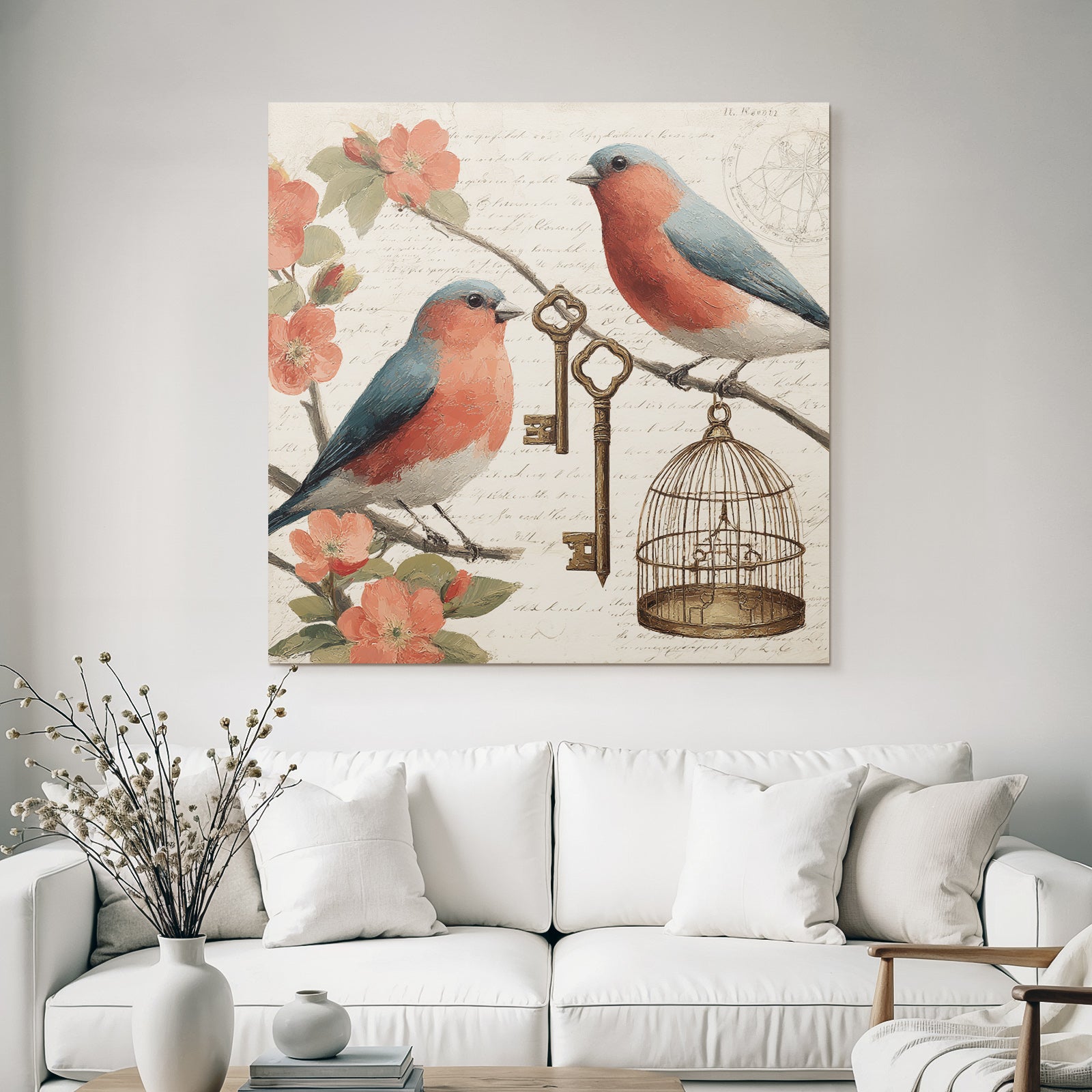 Vintage and shabby two birds on branches with flowers key