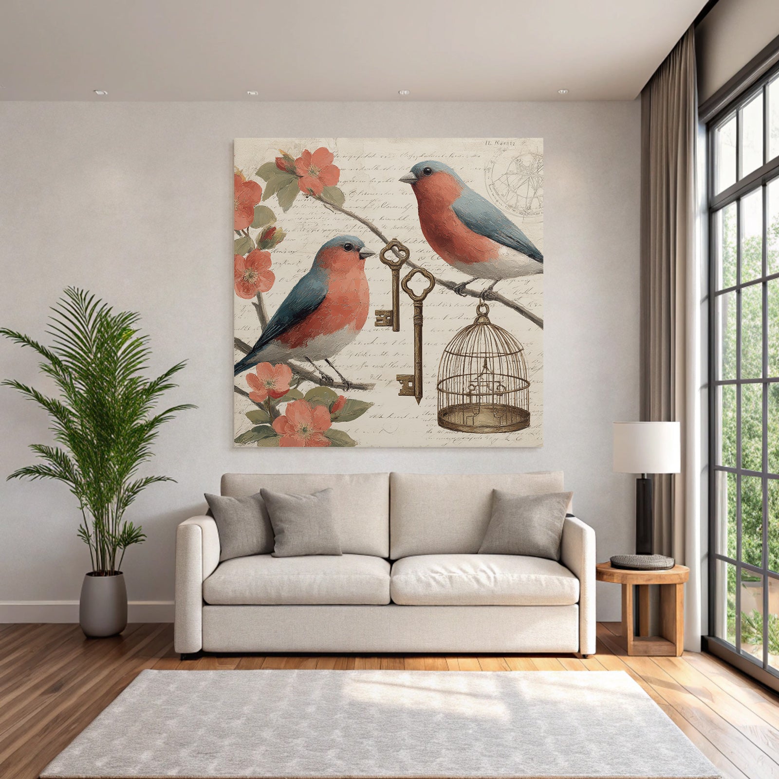 Vintage and shabby two birds on branches with flowers key