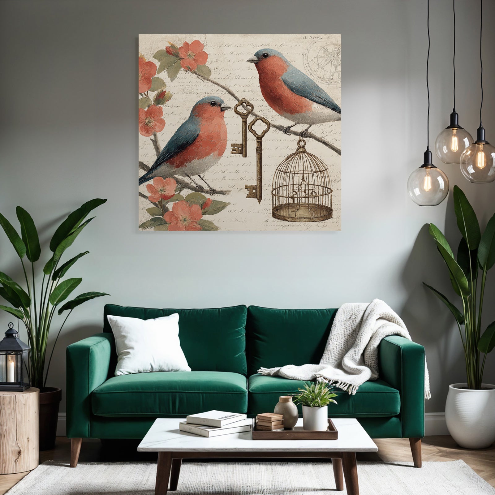 Vintage and shabby two birds on branches with flowers key