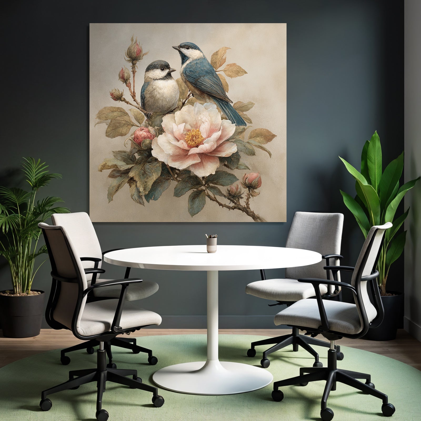 Vintage and shabby two birds blossom details