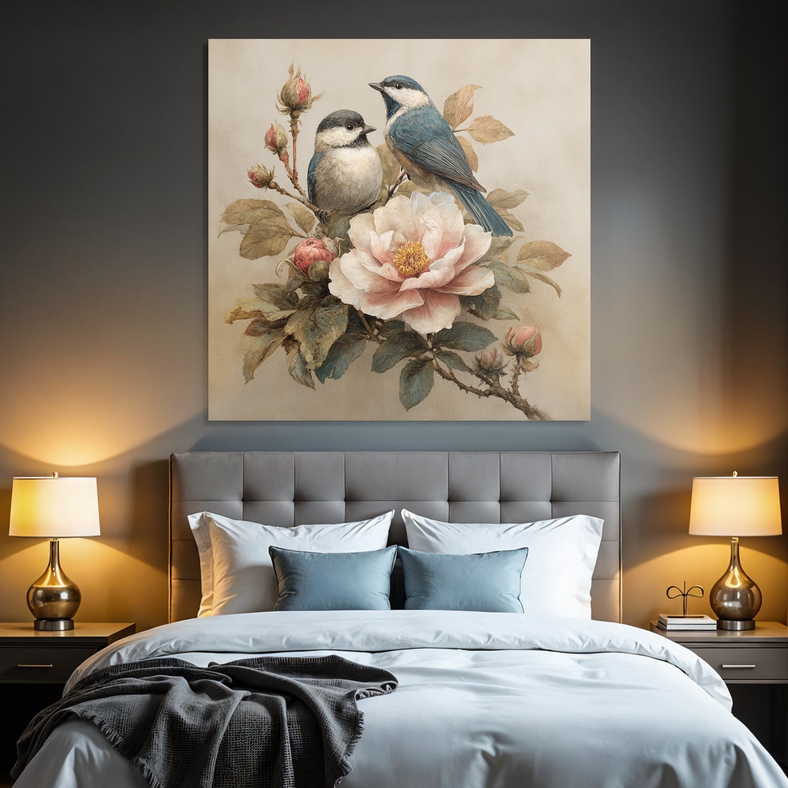 Vintage and shabby two birds blossom details