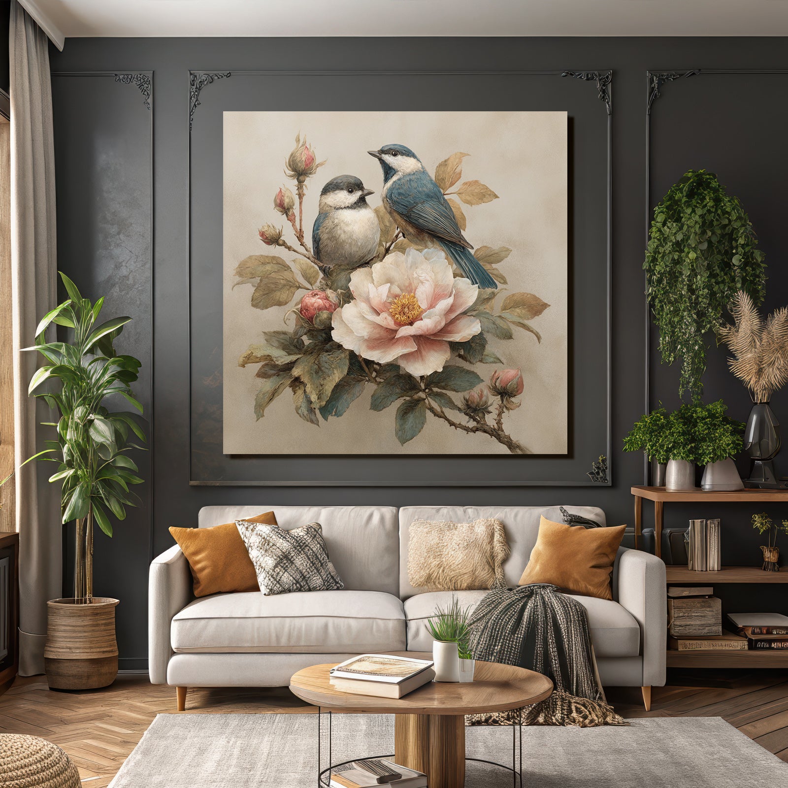 Vintage and shabby two birds blossom details