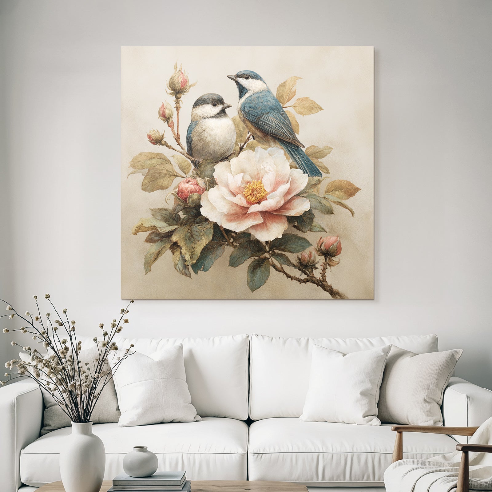 Vintage and shabby two birds blossom details