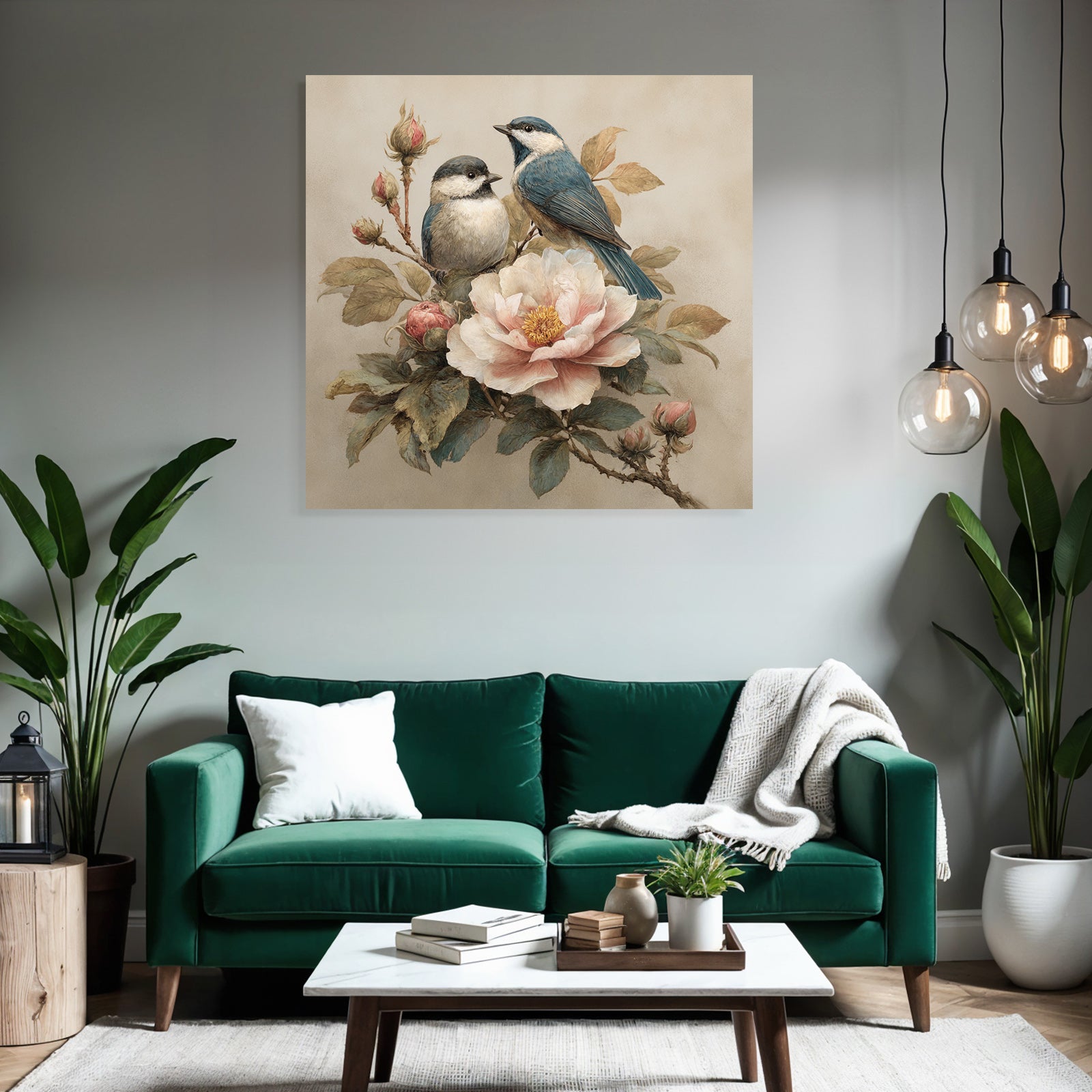 Vintage and shabby two birds blossom details