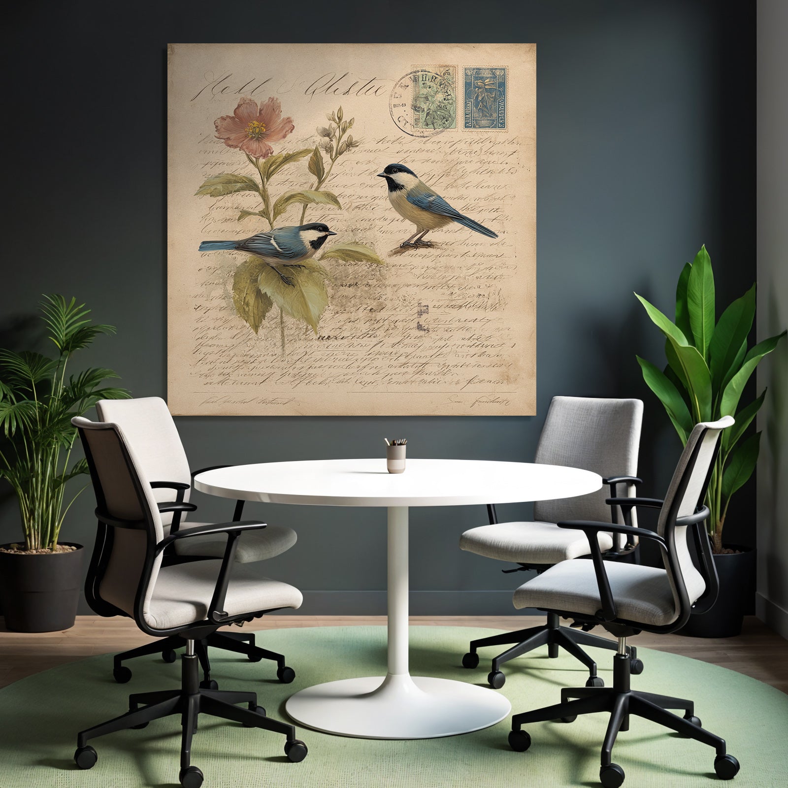 Vintage and Shabby Two Birds Flowers Illustration Vintage Botanical