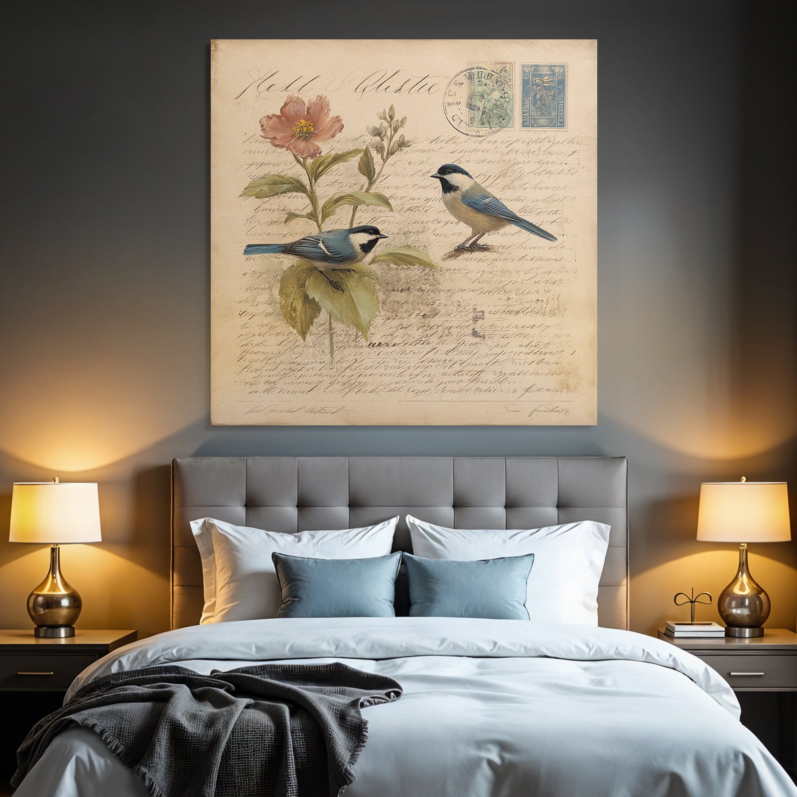 Vintage and Shabby Two Birds Flowers Illustration Vintage Botanical