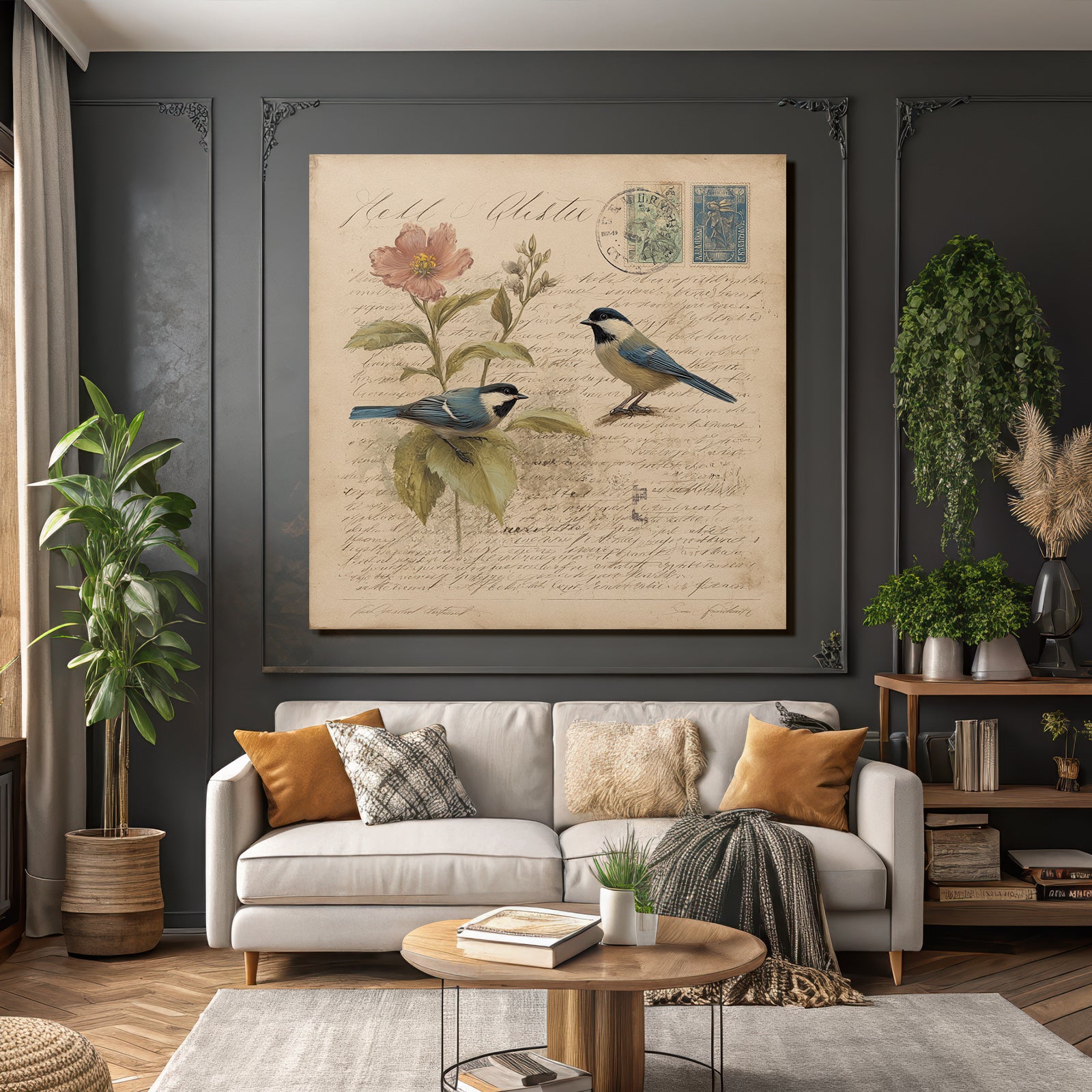 Vintage and Shabby Two Birds Flowers Illustration Vintage Botanical