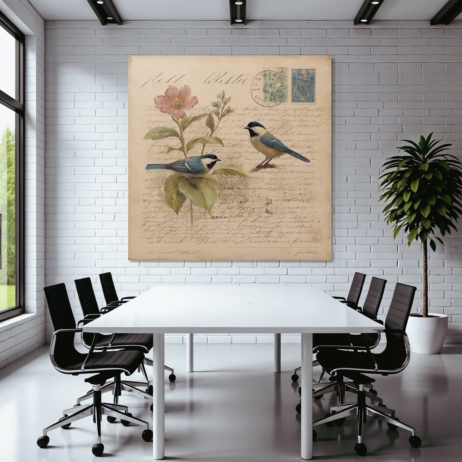 Vintage and Shabby Two Birds Flowers Illustration Vintage Botanical
