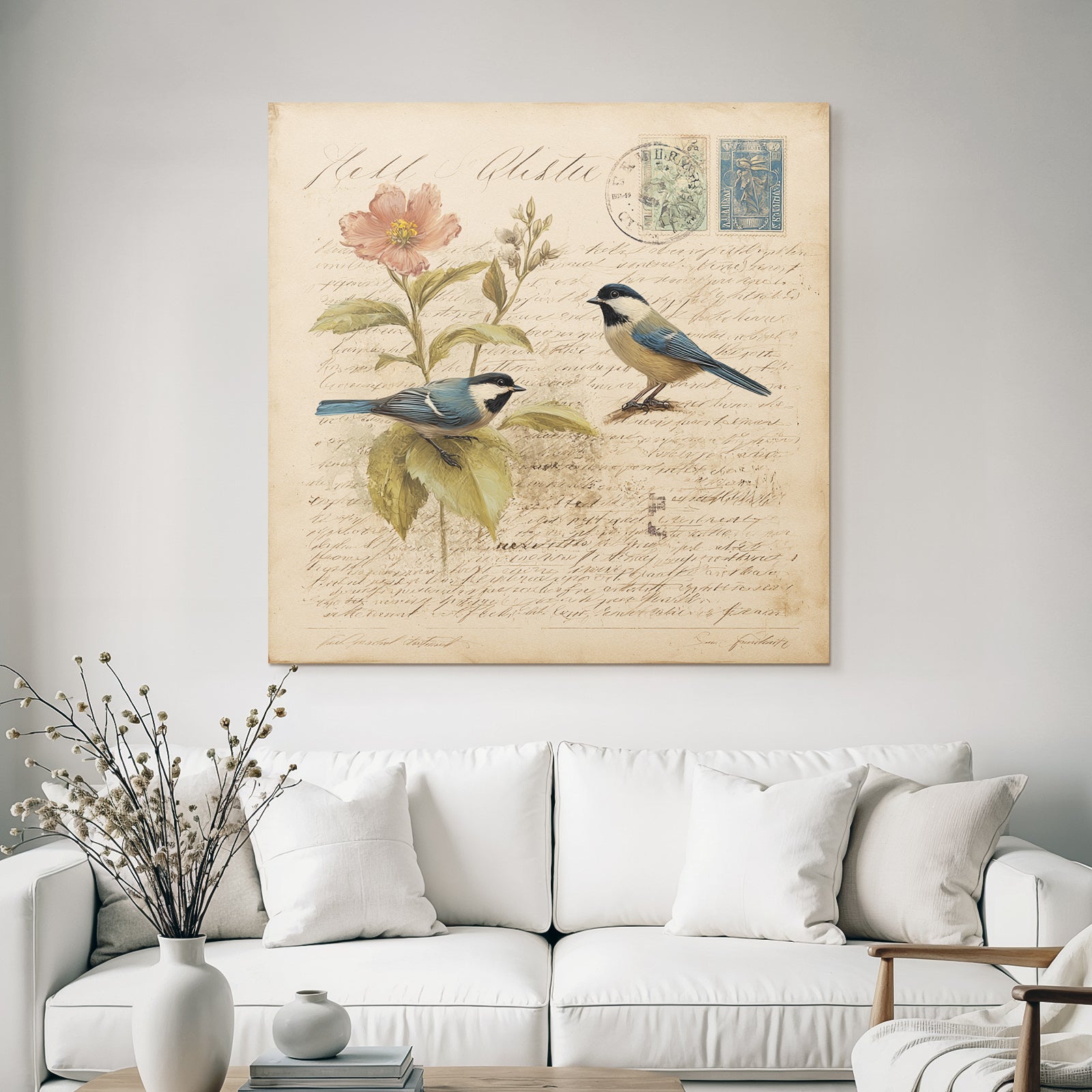 Vintage and Shabby Two Birds Flowers Illustration Vintage Botanical